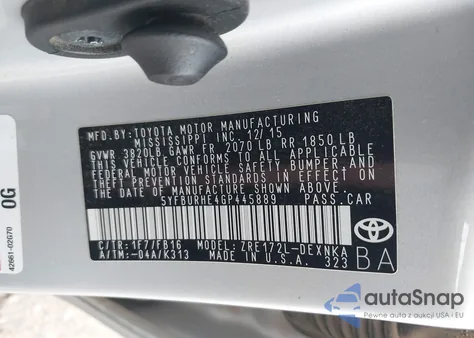 2016 Toyota Corolla Le from USA, damaged, VIN 5YFBURHE4GP445889